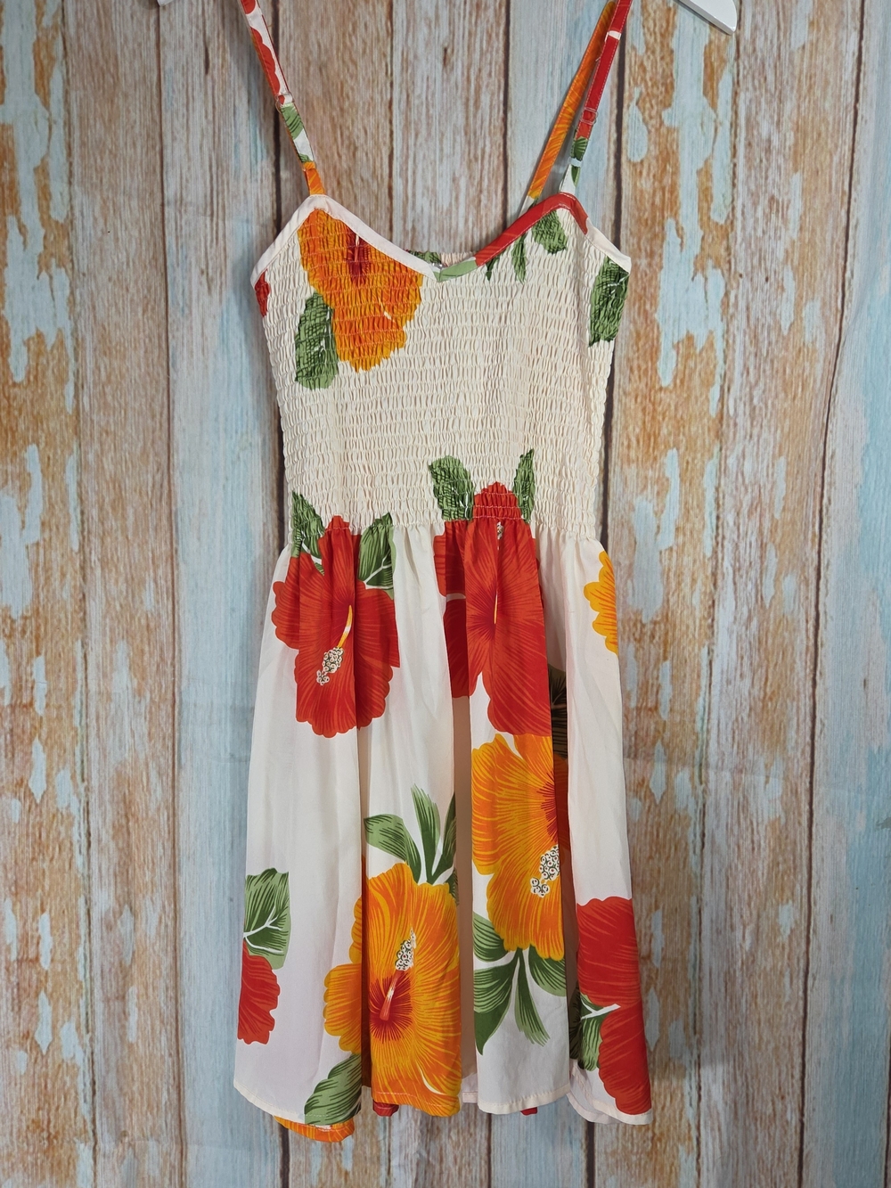 Rima Cream Floral Smocked Sundress with Red & Orange Blooms. OS